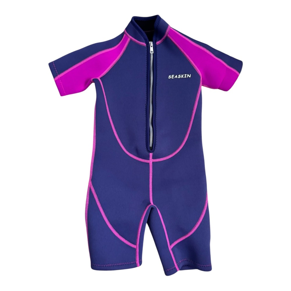 Seaskin Kids Shorty Wetsuit Size 6 Purple Pink Neoprene Front Zip Spring Suit